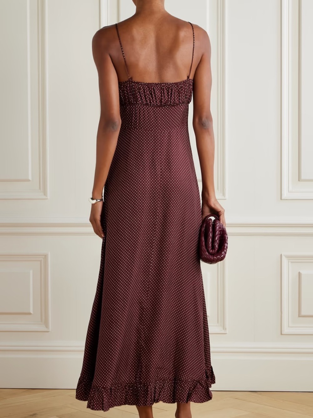 Doen Rosaria Silk Ruffle Ruched Midi Maxi Dress Burgundy Colette Dot Polka - Picture 2 of 10